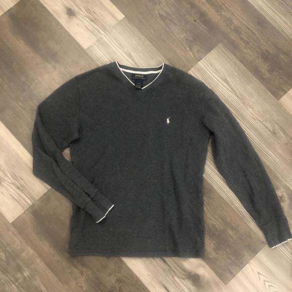 Polo Ralph Lauren V-Neck Waffle Knit Mens Gray Sweater‎ - Picture 1 of 8